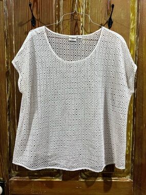 Cato White Open-Knit Short Sleeve Scoop Neck Top